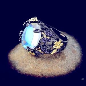 Gold & Black Butterfly Flower Moonstone Ring